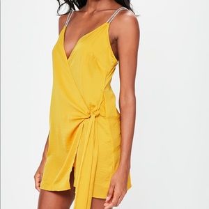 Yellow Diamante Strap Tie Waist Shift Dress